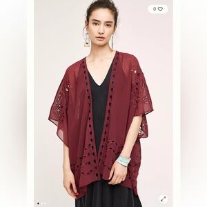 Beautiful Stories Dalia Maroon Sheer Kimono | Open Front Embroidered Cardigan